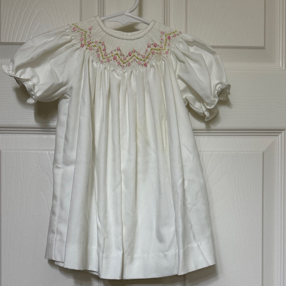 Luli & Me White Formal Smocked Dress with Pink and Green Embroidery